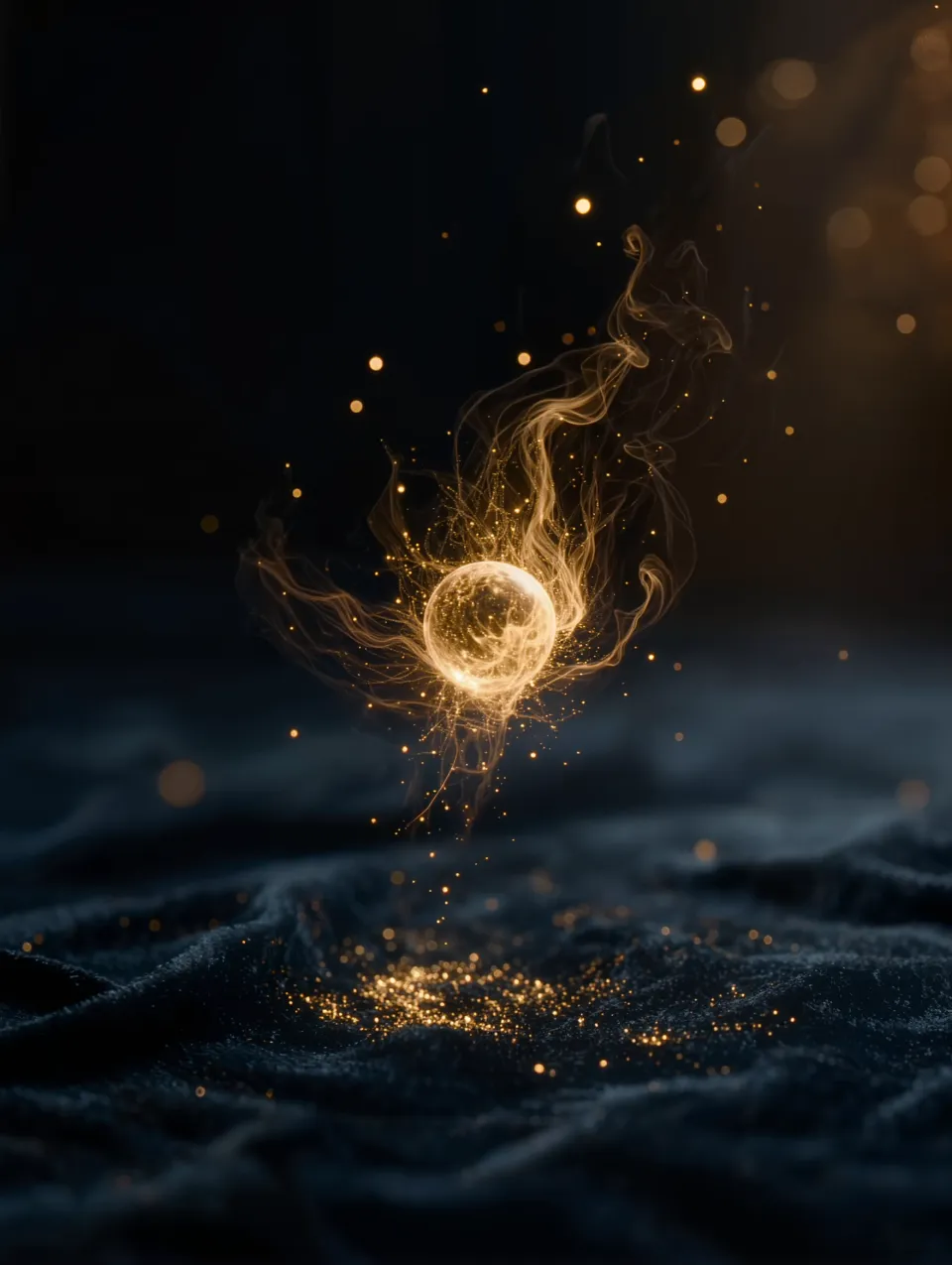 Goldene Energiekugel auf kosmischem Samt