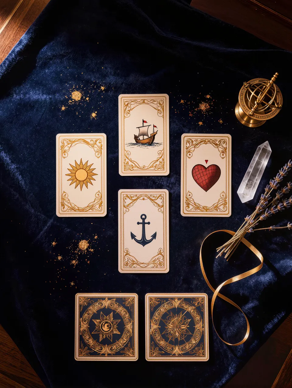 Lenormandkarten auf dunkelblauem Samt mit goldenen Verzierungen
